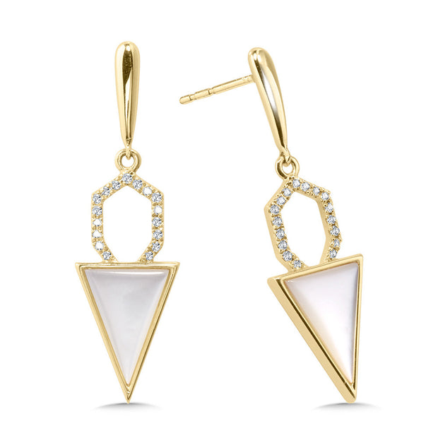 14K Yellow Gold Earrings w/ Mother of Pearl Triangle & Diamonds