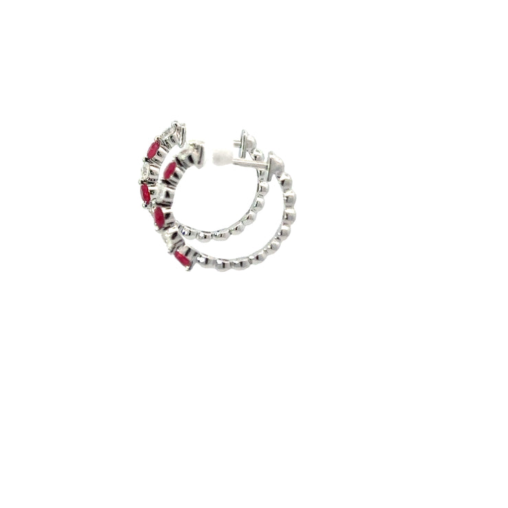 Ruby & Diamond Huggie Hoops in 14K White Gold