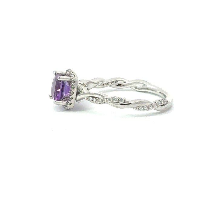 Amethyst & Diamond Spiral Ring in 14K White Gold