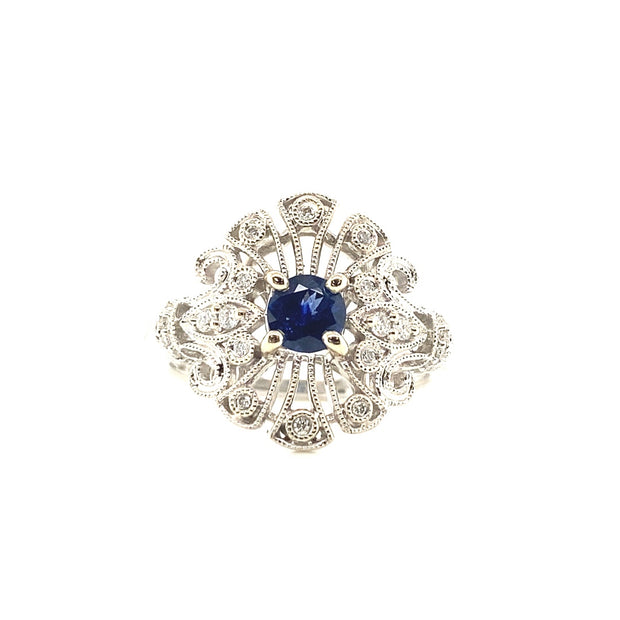 14K White Gold Ring w/ Blue Sapphire & Diamonds