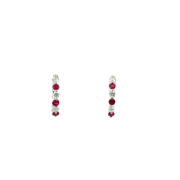 14K White gold Natural Ruby and Diamond Huggie hoops