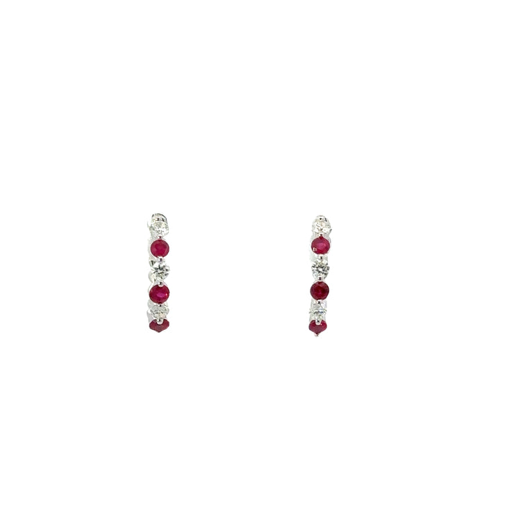 Ruby & Diamond Huggie Hoops in 14K White Gold