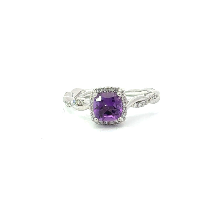 Amethyst & Diamond Spiral Ring in 14K White Gold