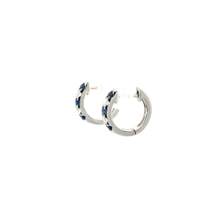 Blue Sapphire & Diamond Huggie Hoops in 14K White Gold