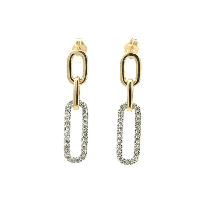 Yellow & White Gold Paperclip Dangle Earrings w/ Diamonds