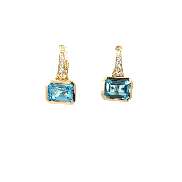 14K ywllow gold Blue Topaz annd diamond earrings